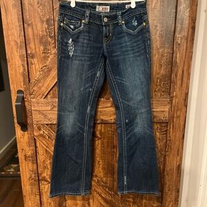 Mek denim Womens distressed denim blue jeans with design on back pockets bootcut